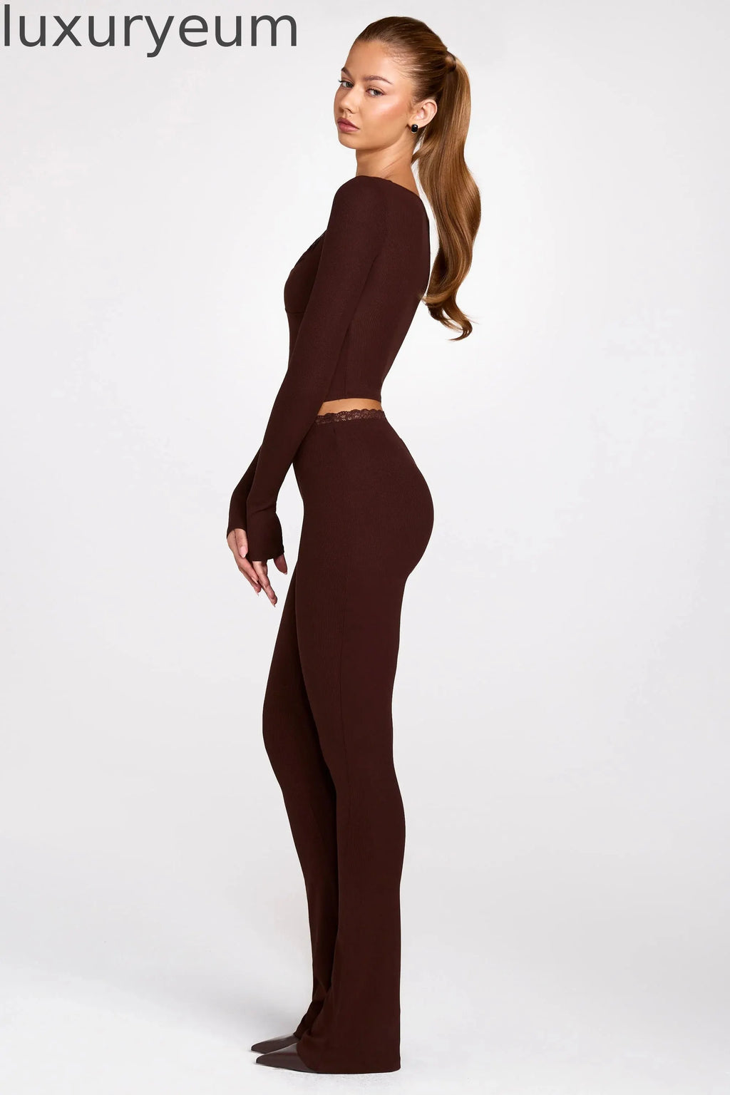 Modal Mid-Rise Flared Trousers in Chocolate Brown
