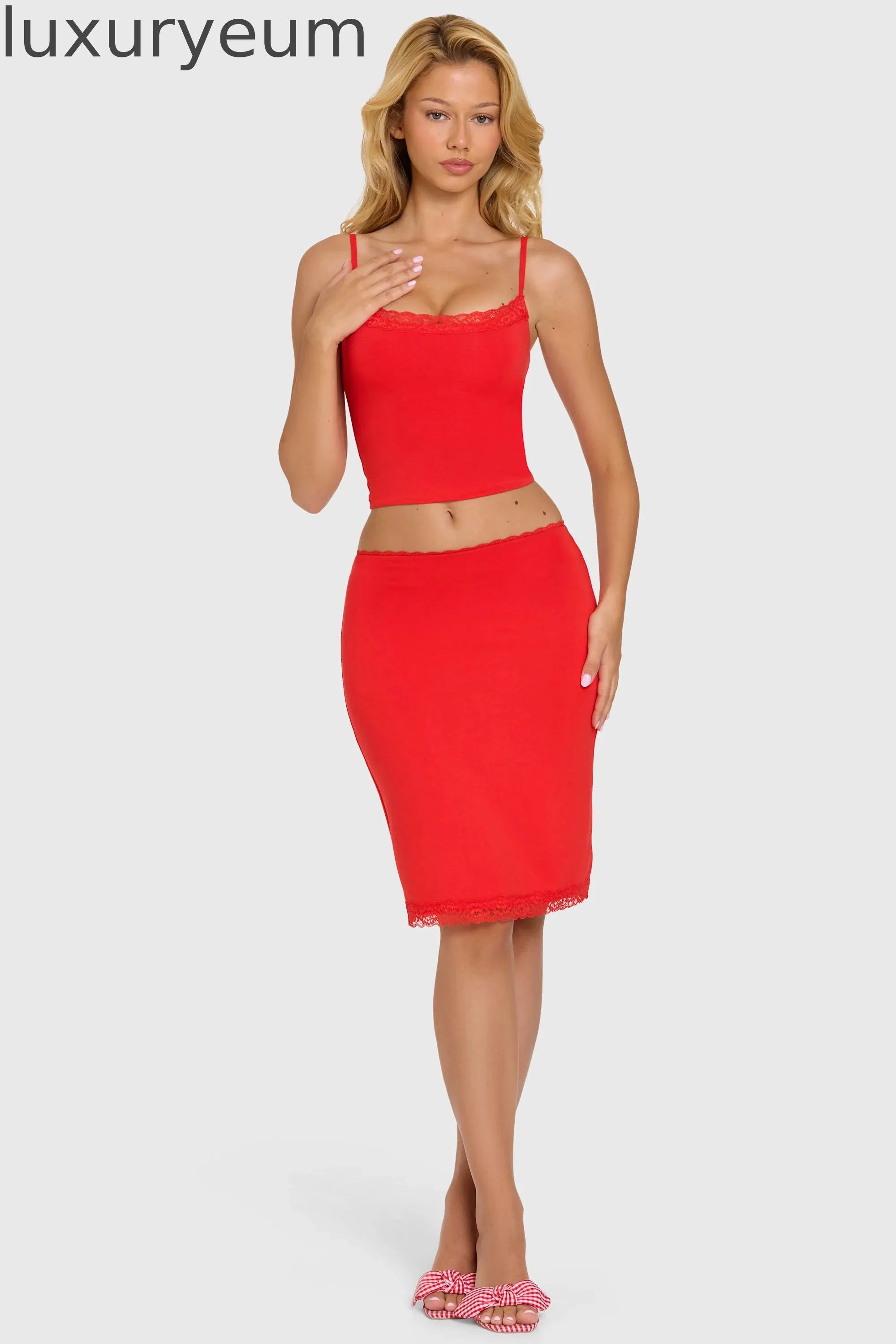Modal Lace-Trim Midi Skirt in Cherry
