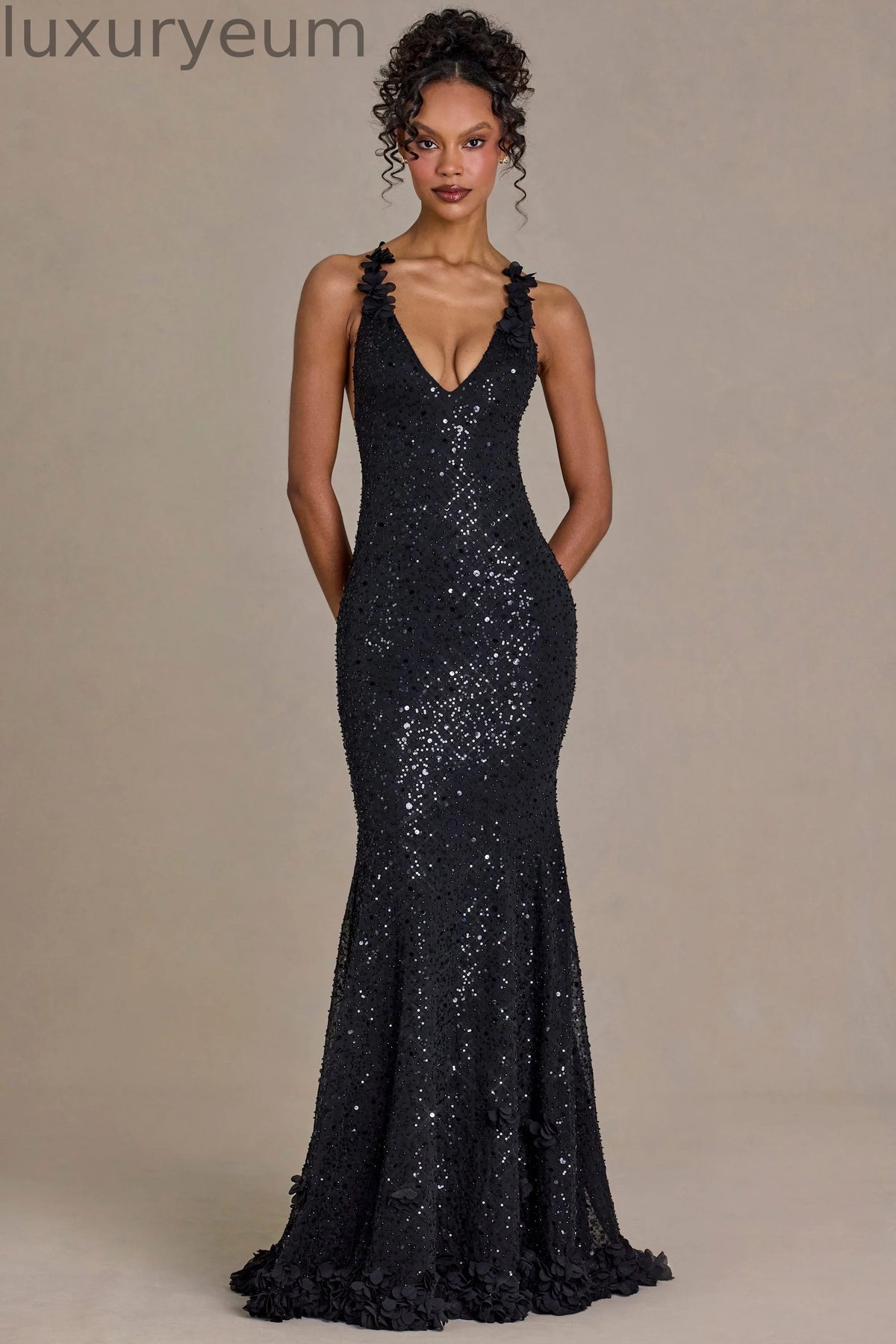 Embellished Plunge Open-Back Gown in Black