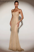 Metallic Lace Godet Fishtail Gown in Gold