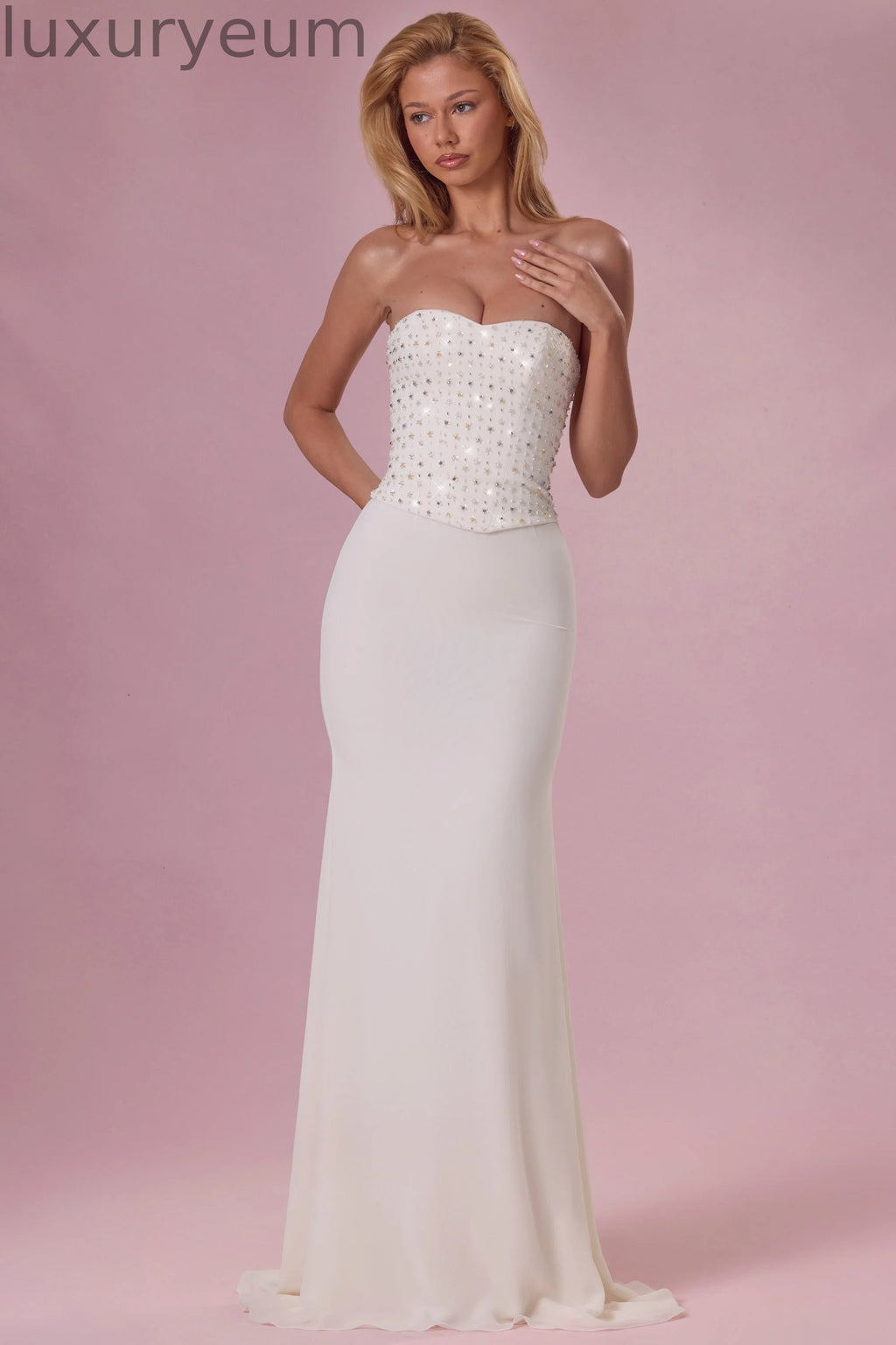 Embellished Corset Strapless Gown in Pearl