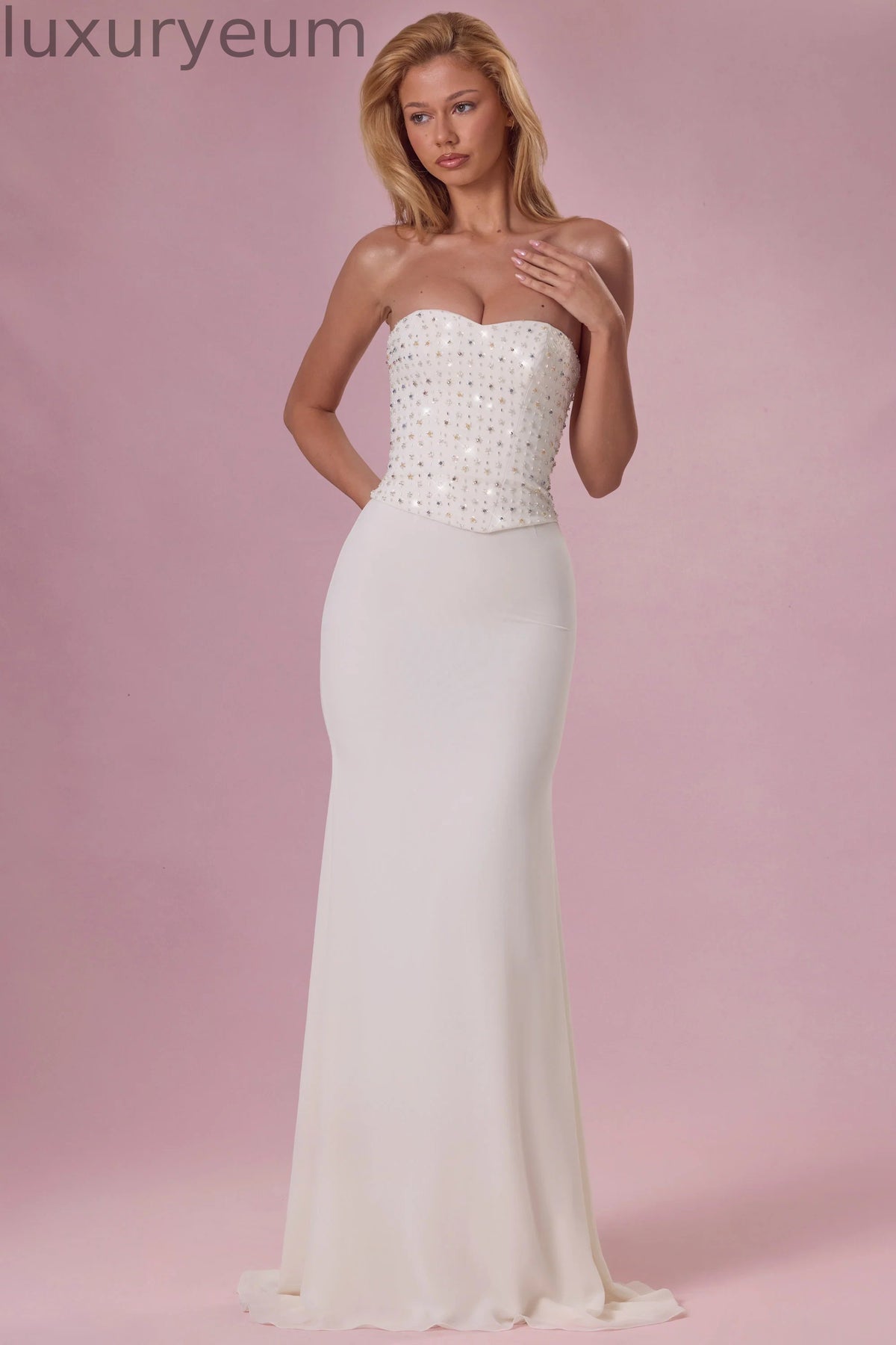 Embellished Corset Strapless Gown in Pearl