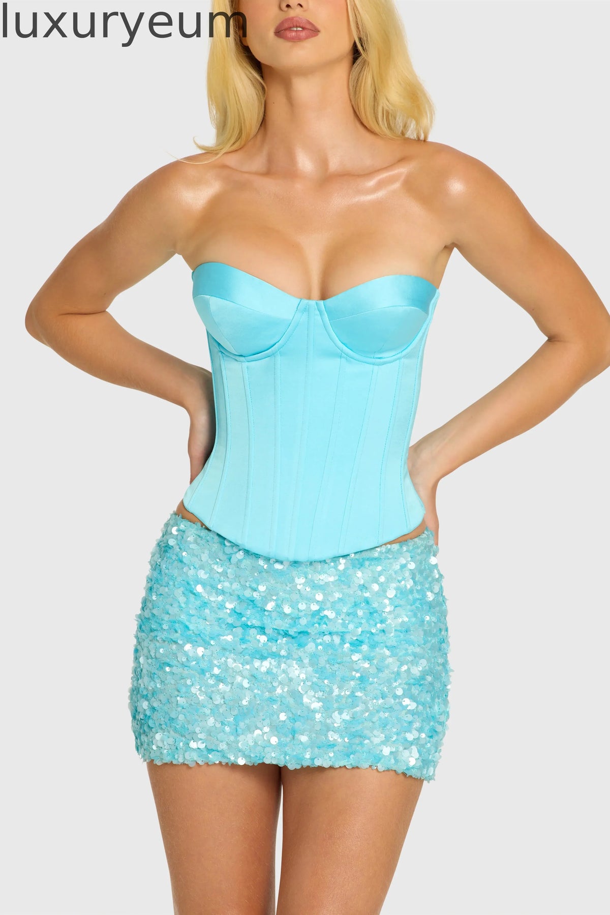 Satin Lace-Up Corset Top in Aquamarine