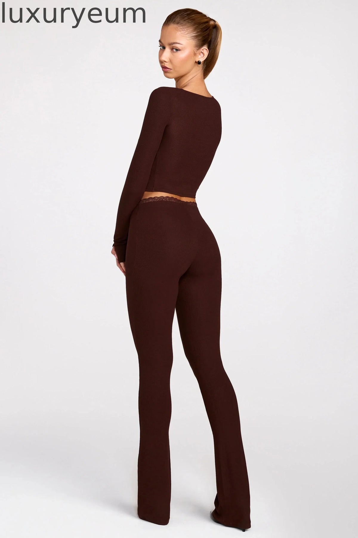 Modal Mid-Rise Flared Trousers in Chocolate Brown