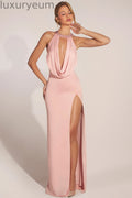 Cowl-Neck Thigh-High Gown in Blush Pink