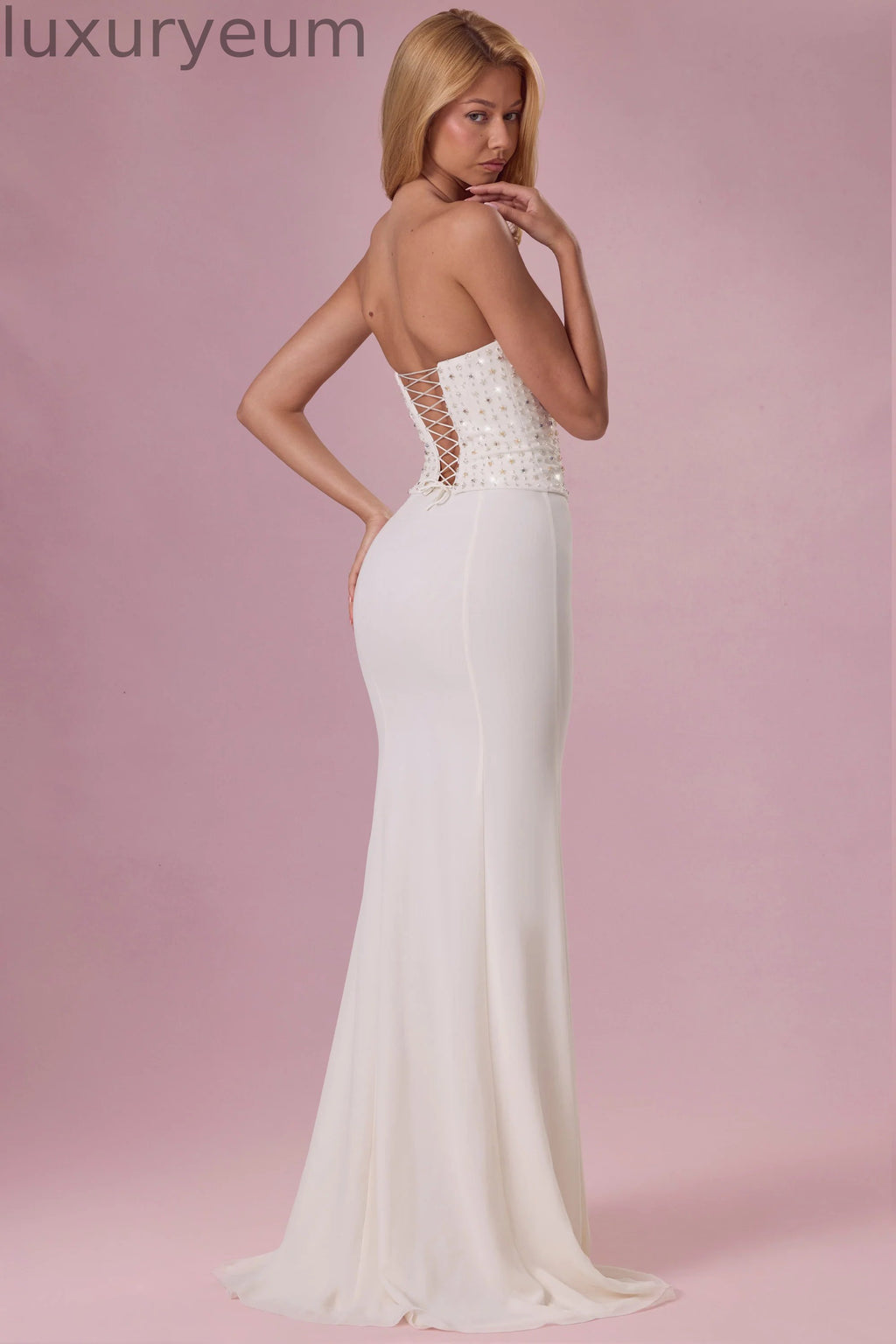 Embellished Corset Strapless Gown in Pearl