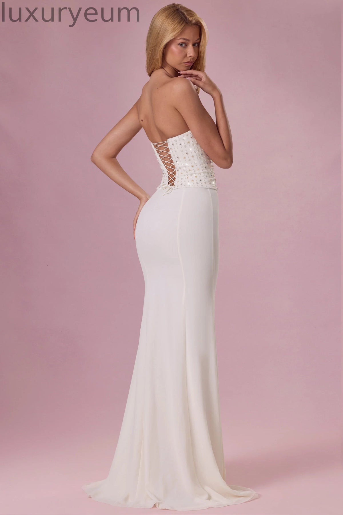 Embellished Corset Strapless Gown in Pearl