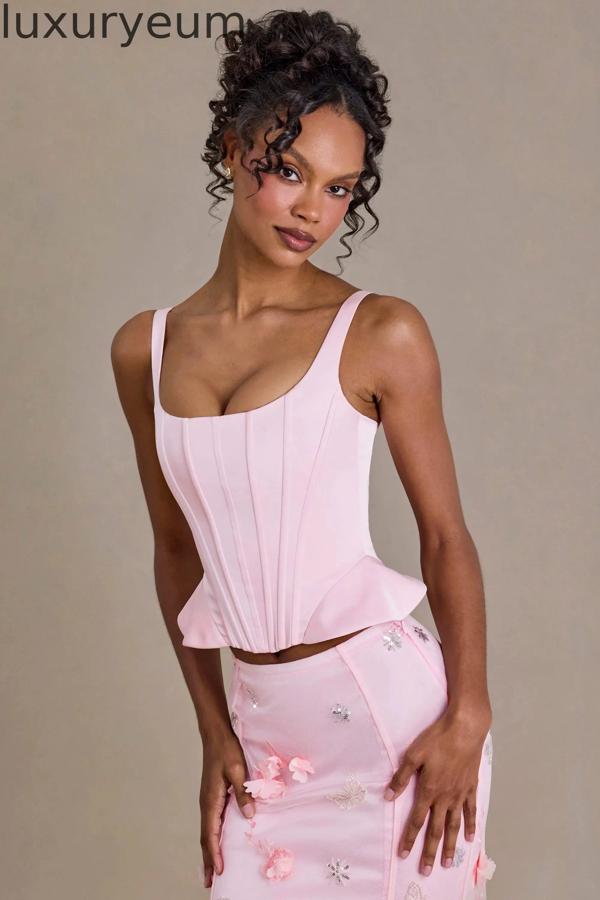 Satin Lace-Up Corset Top in Baby Pink