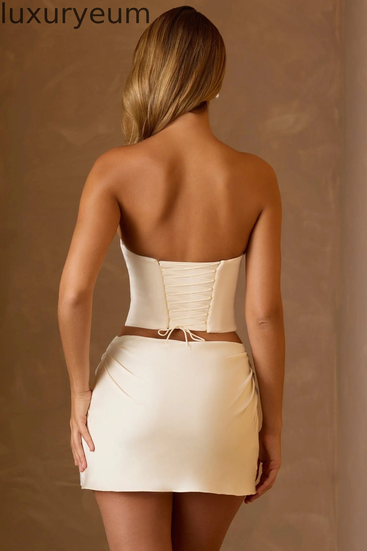 Draped Lace-Up Corset Top in Ivory