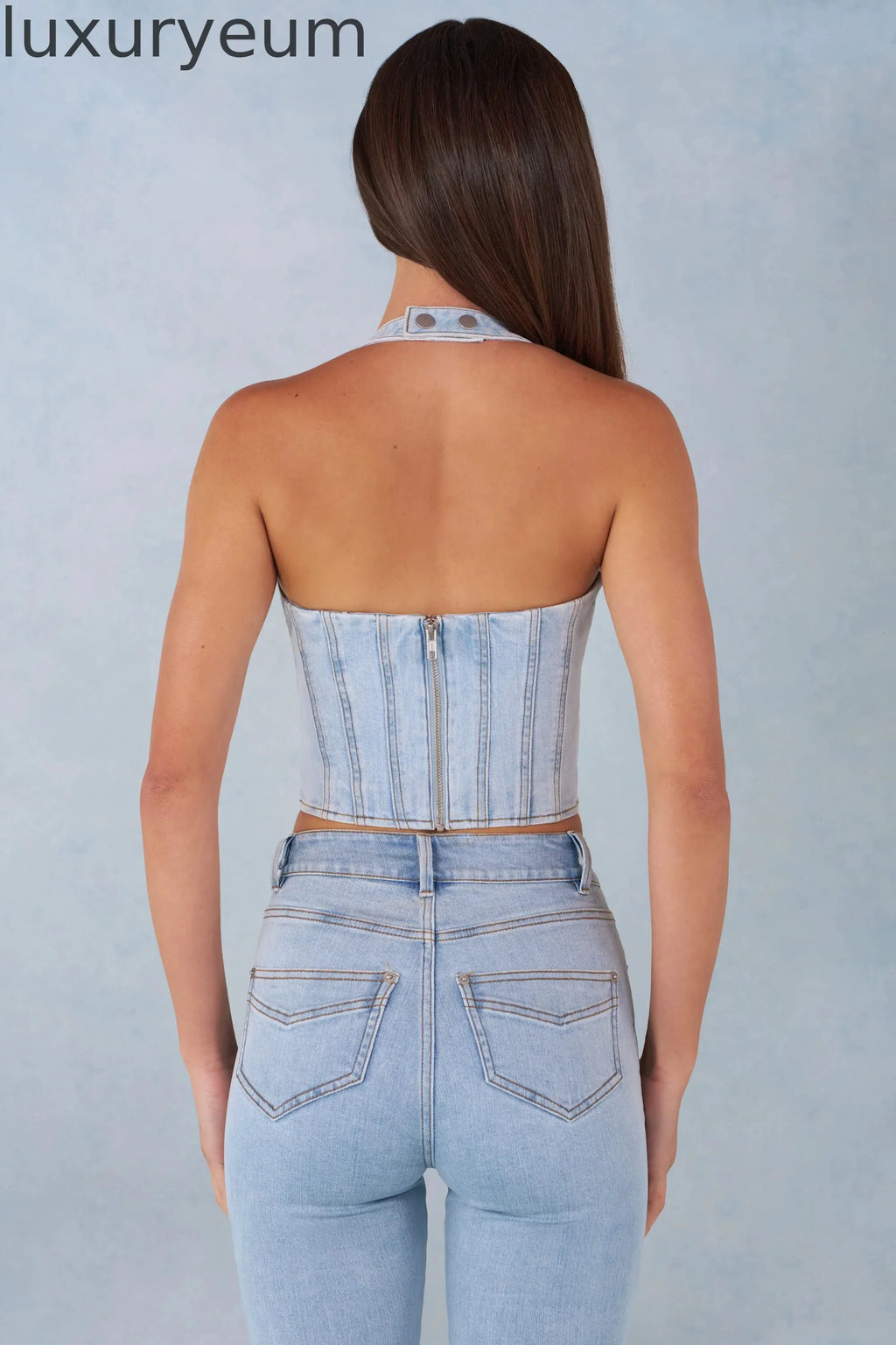 Halterneck Denim Corset Style Top  in Light Denim