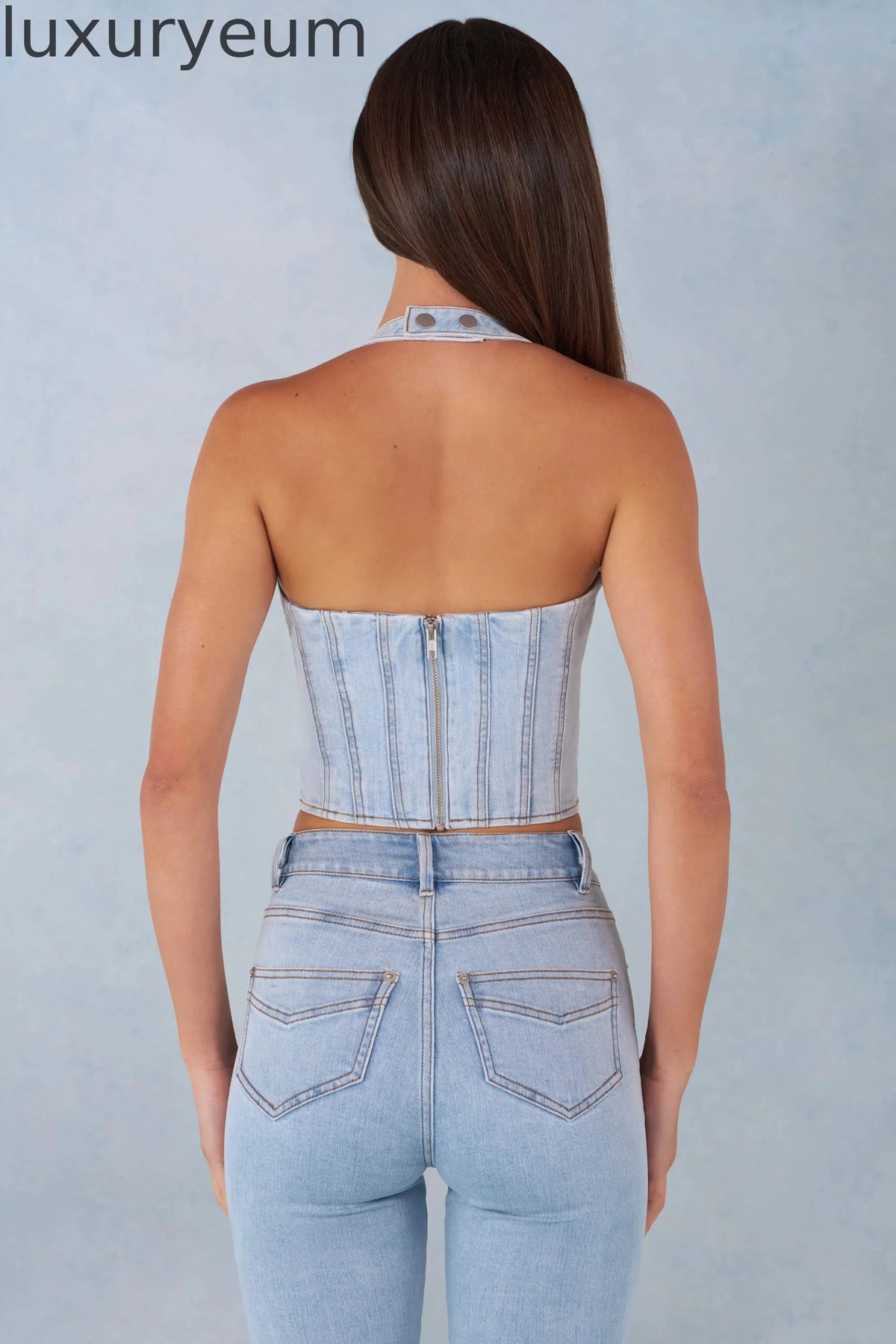 Halterneck Denim Corset Style Top  in Light Denim