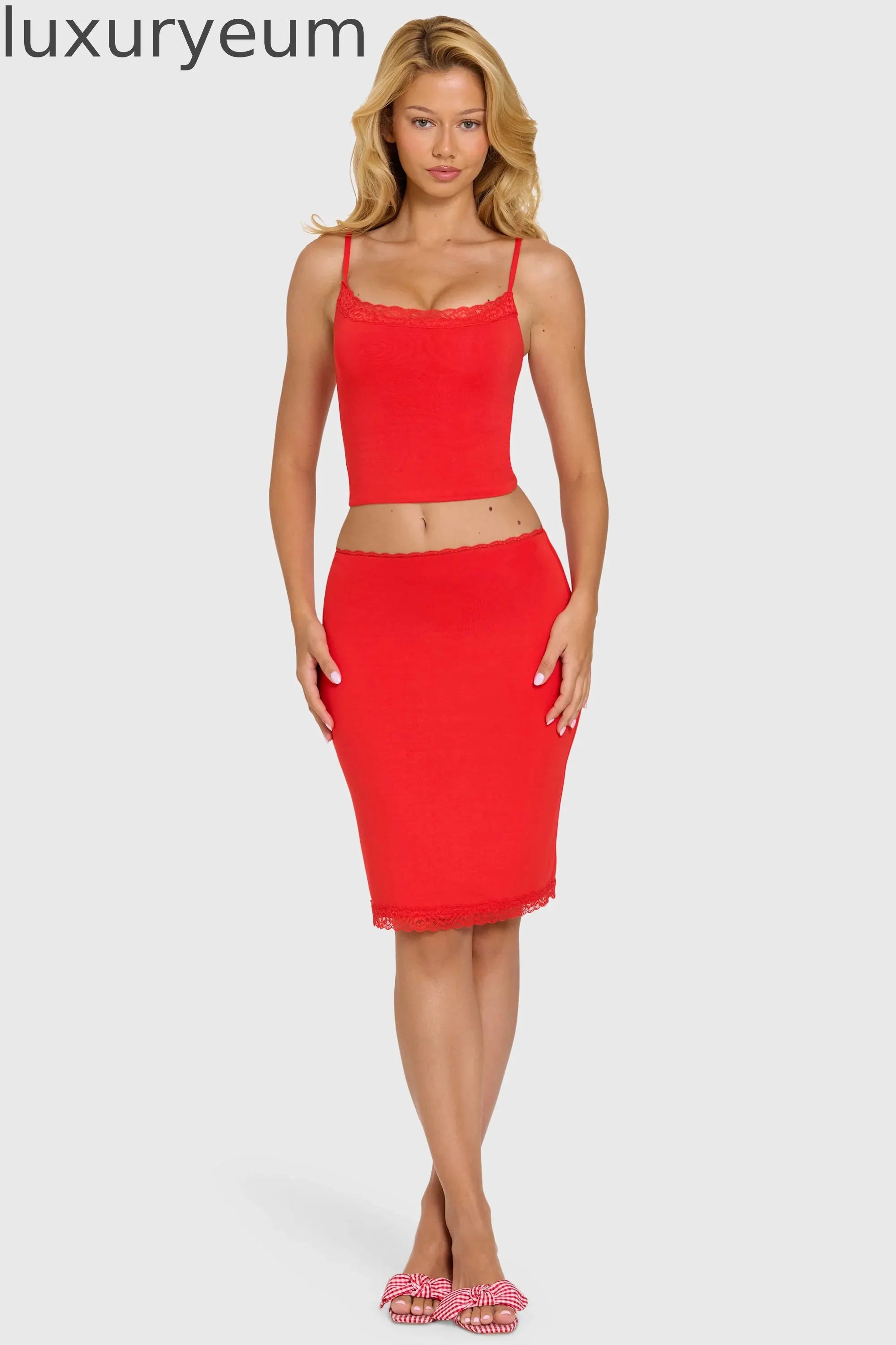 Modal Lace-Trim Midi Skirt in Cherry