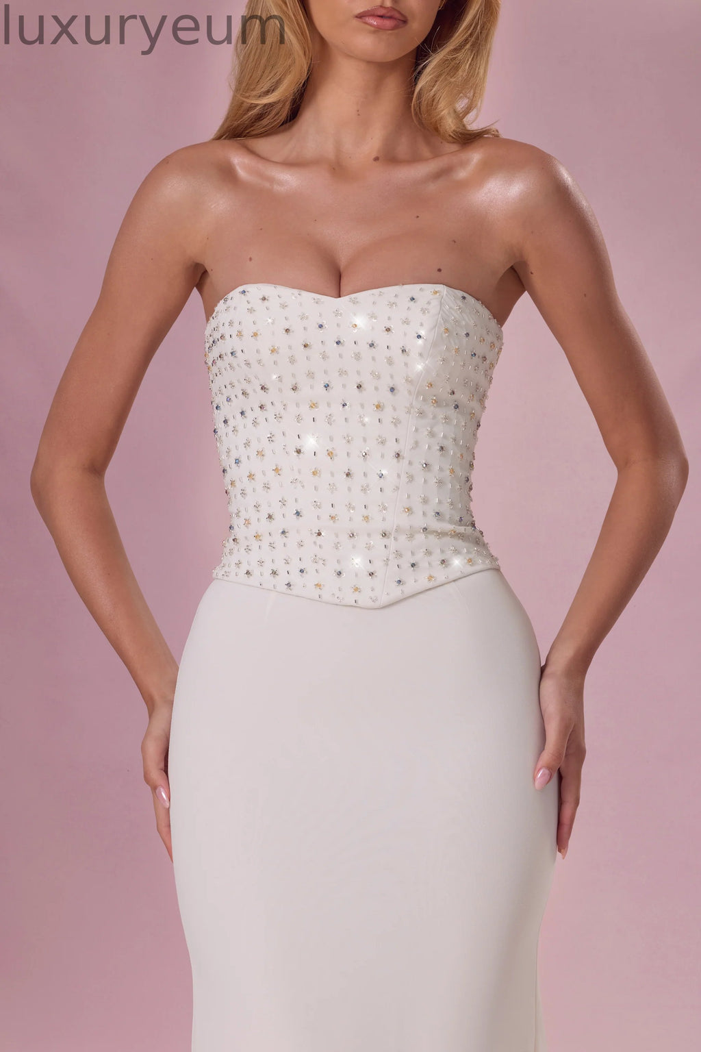 Embellished Corset Strapless Gown in Pearl