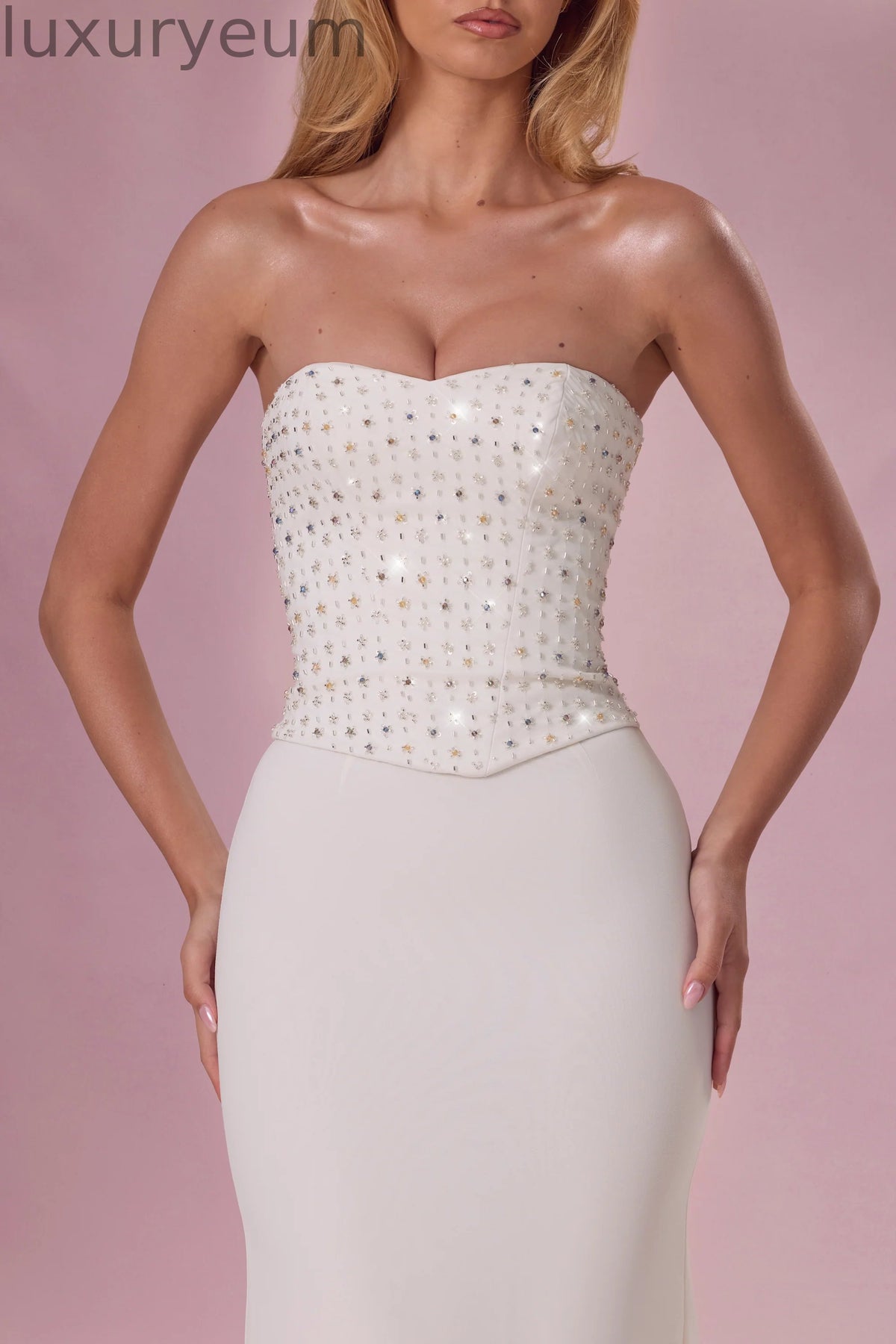 Embellished Corset Strapless Gown in Pearl