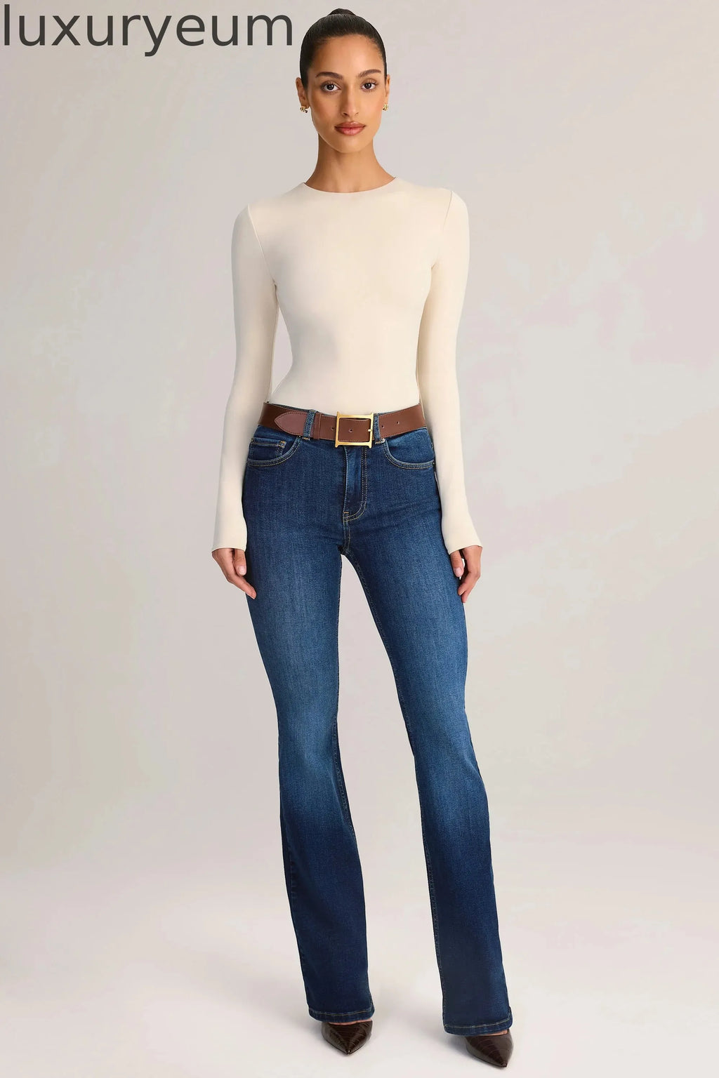 Denim Mid-Rise Flared Jeans in Indigo