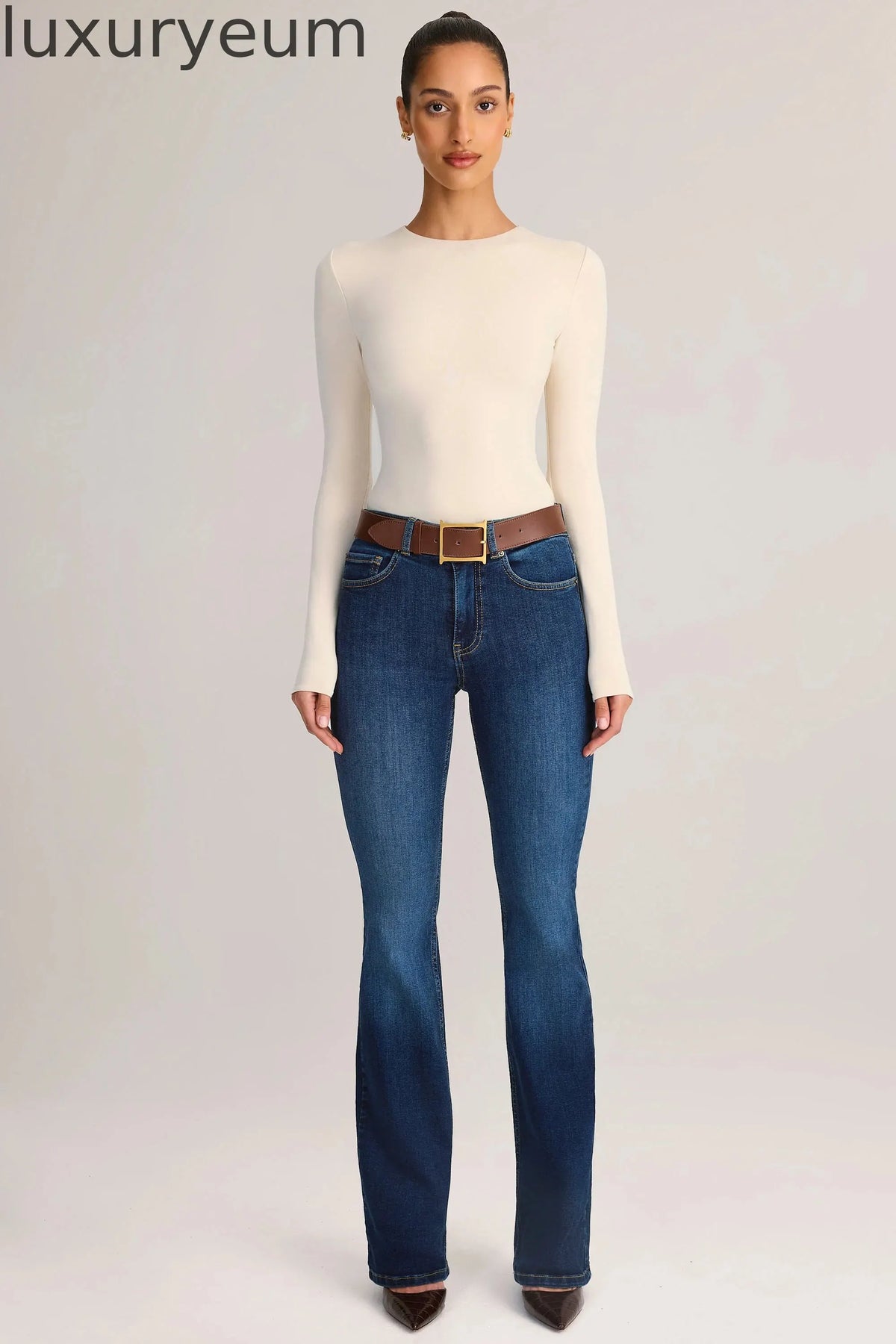 Denim Mid-Rise Flared Jeans in Indigo