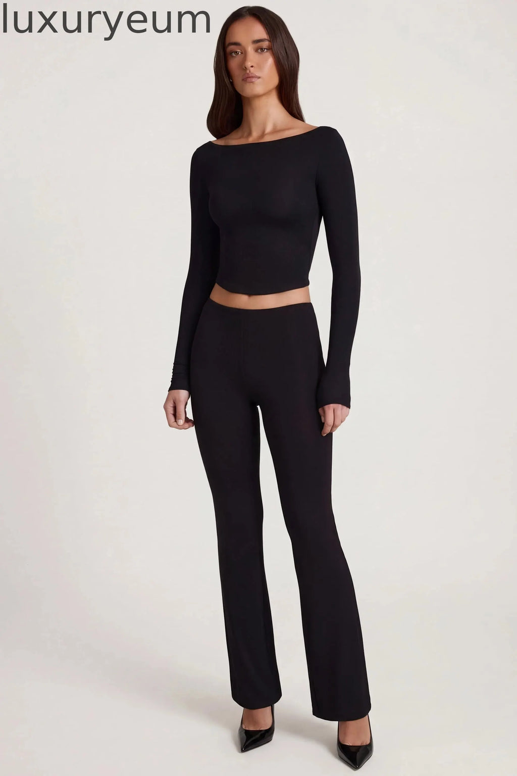 Modal Mid-Rise Flared Trousers in Black