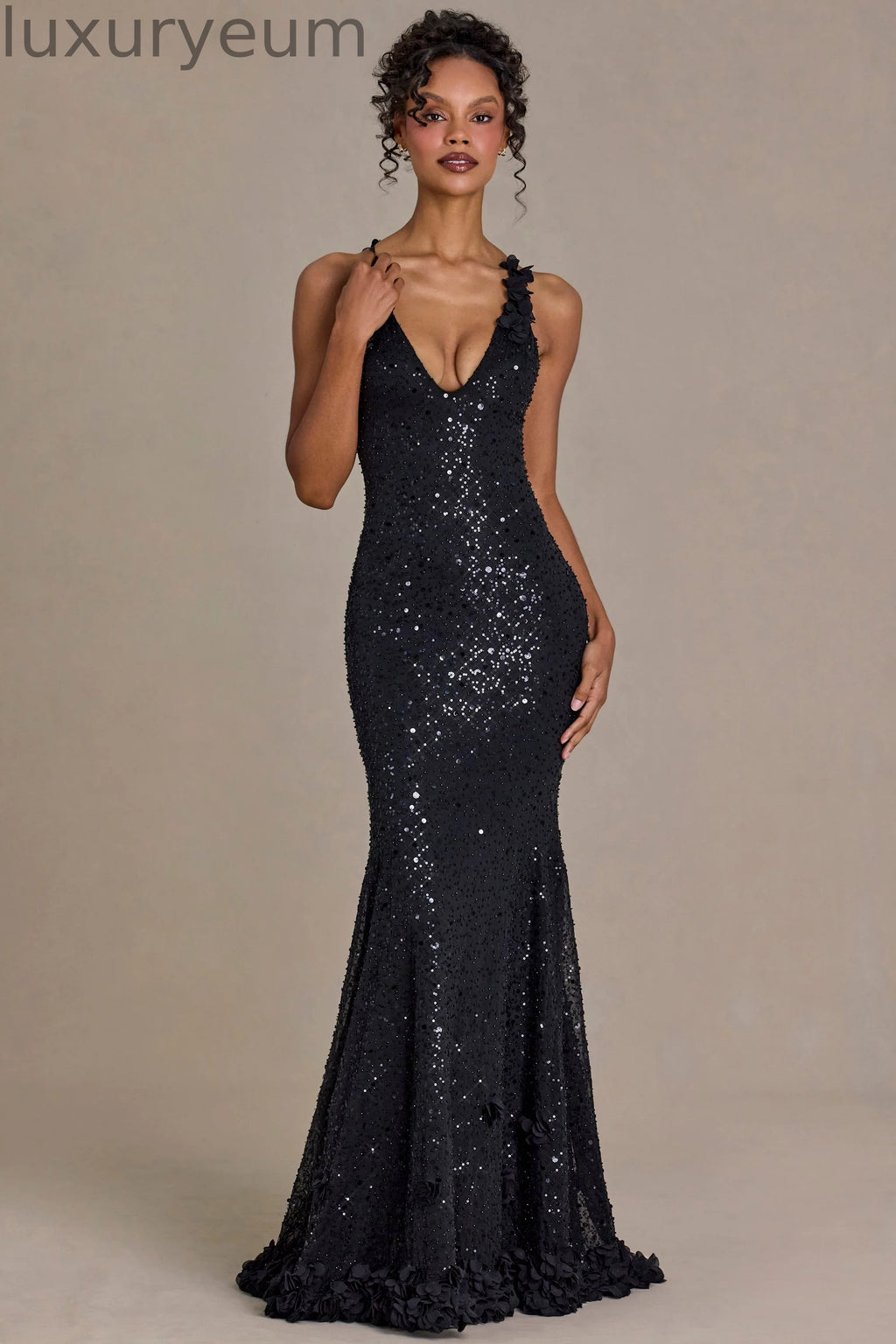 Embellished Plunge Open-Back Gown in Black