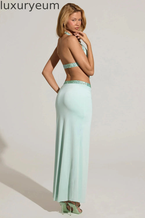 Embellished Low-Rise Maxi Skirt in Aqua Blue
