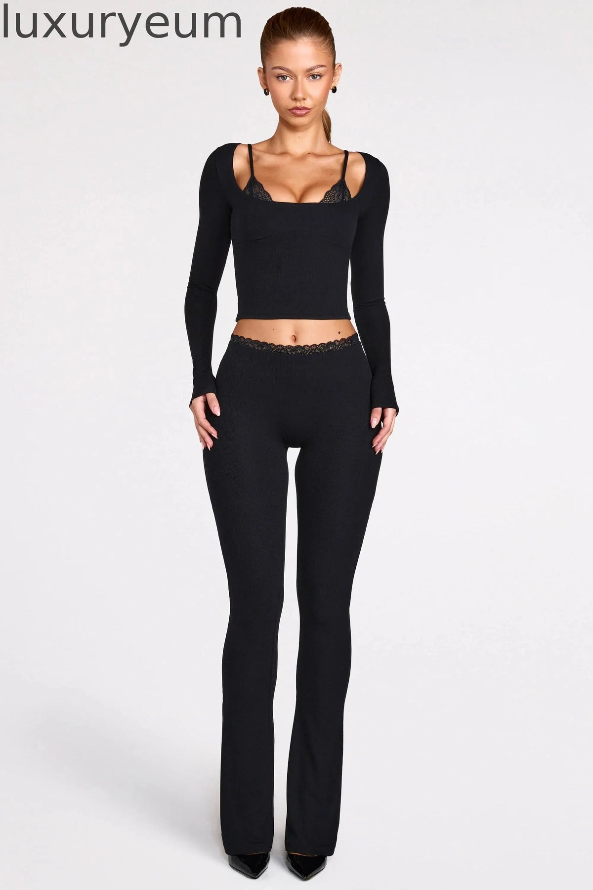 Modal Mid-Rise Flared Trousers in Black