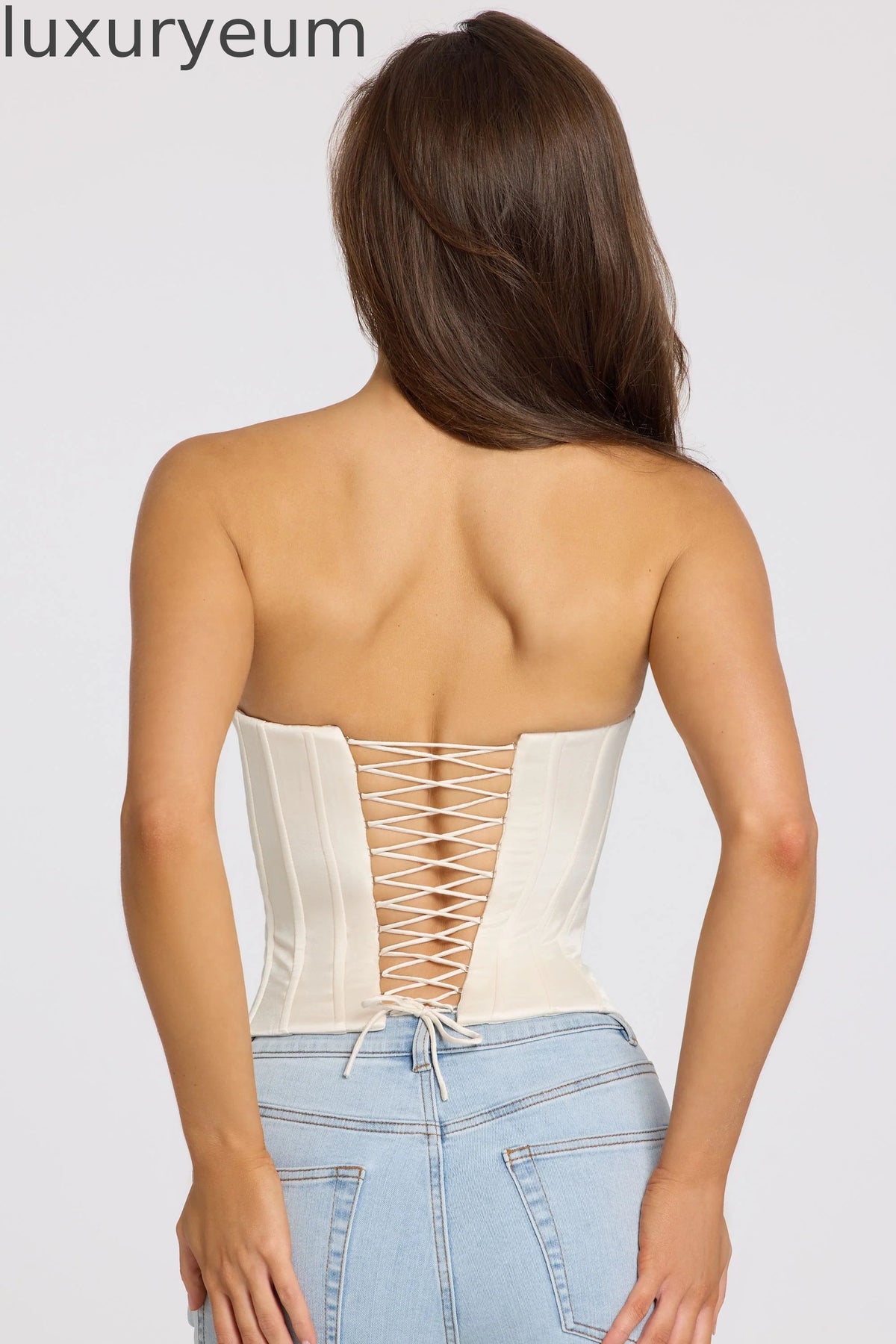 Satin Lace-Up Corset Top in Ivory