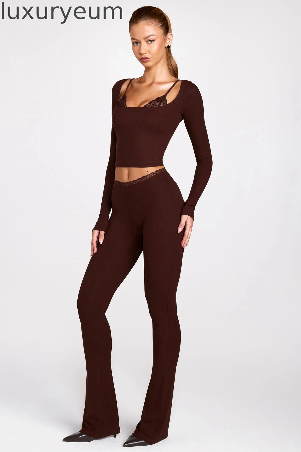 Modal Mid-Rise Flared Trousers in Chocolate Brown