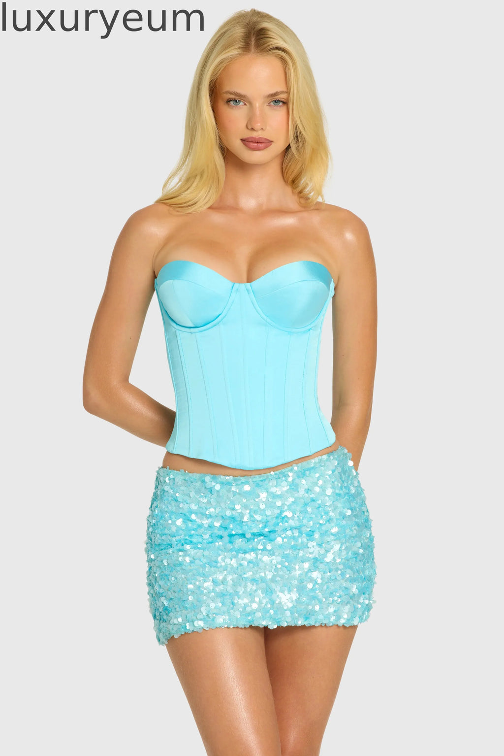 Satin Lace-Up Corset Top in Aquamarine