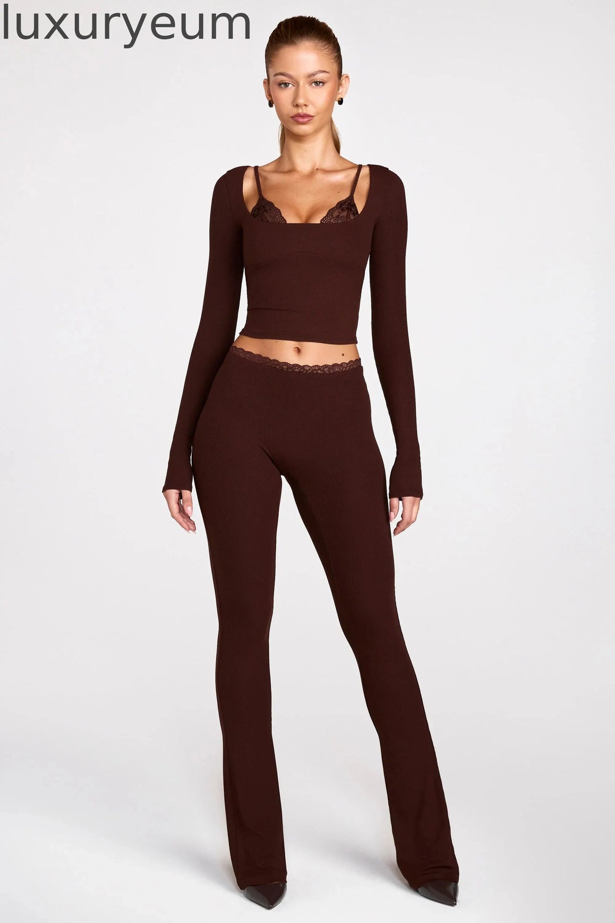 Modal Mid-Rise Flared Trousers in Chocolate Brown