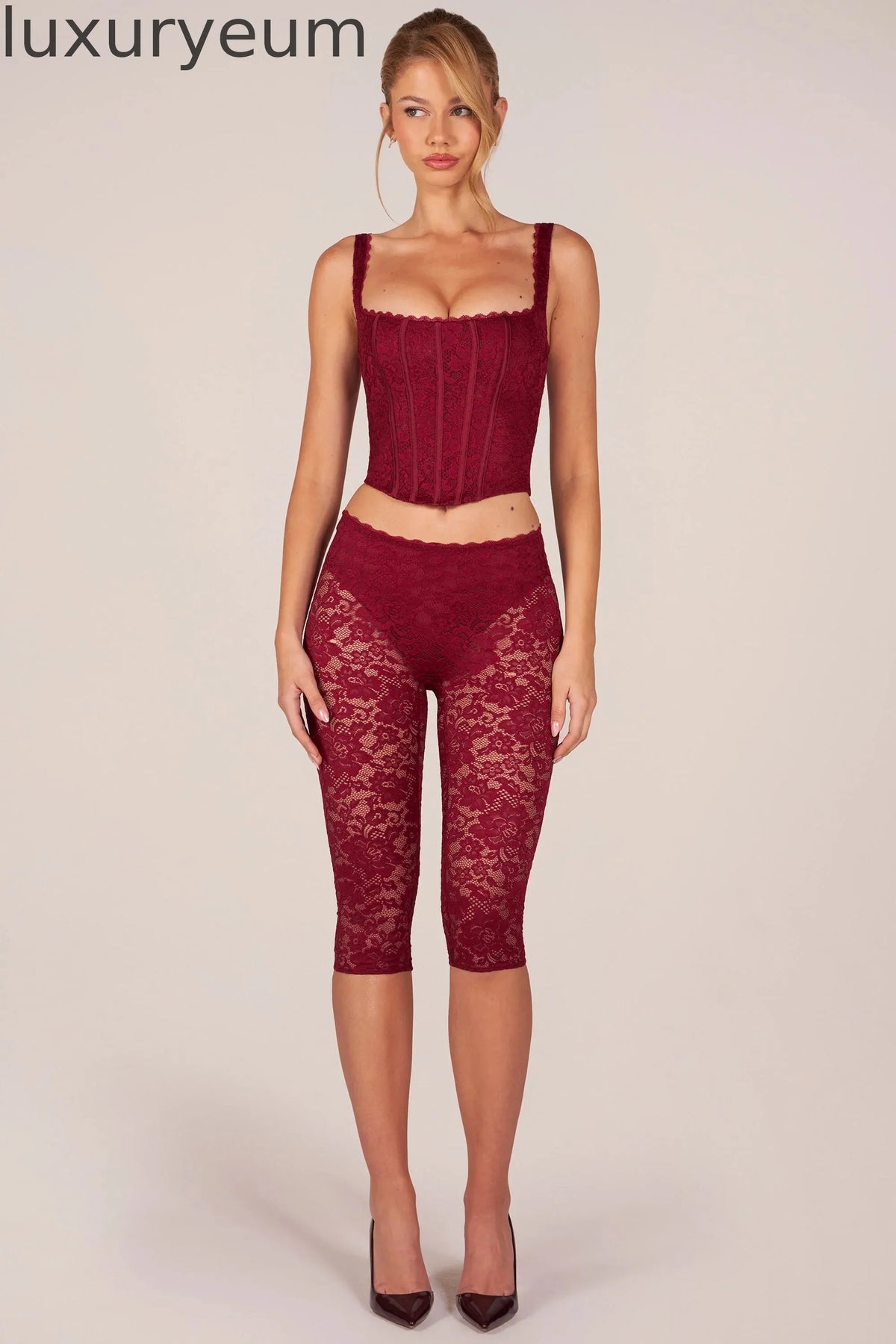 Laced Capri Trousers  in Cherry Red