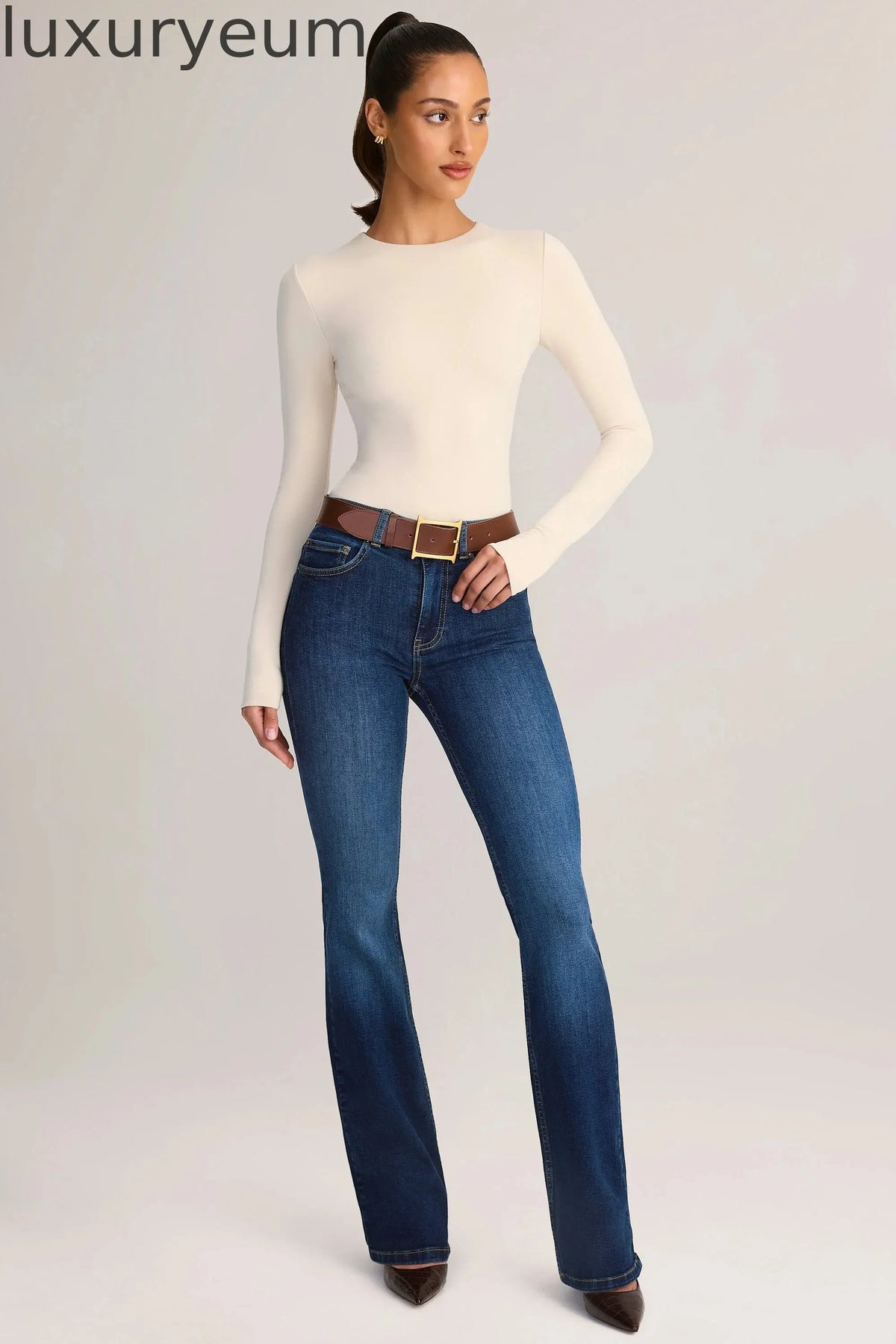 Denim Mid-Rise Flared Jeans in Indigo