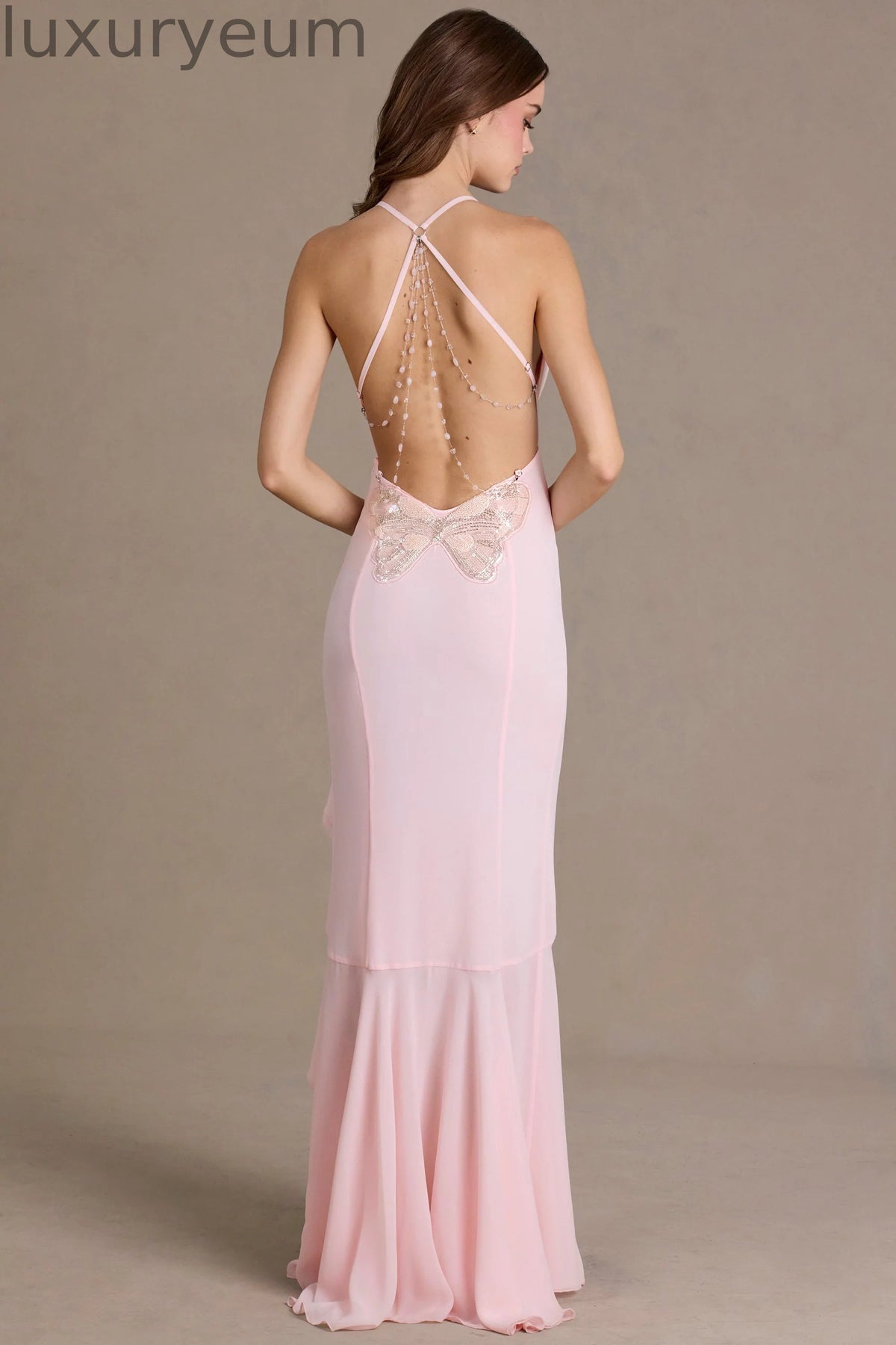 Chiffon Cowl-Neck Open-Back Gown in Baby Pink