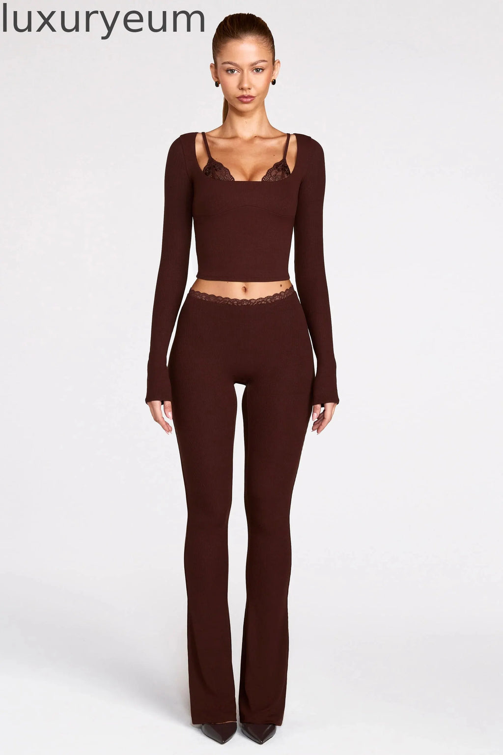 Modal Mid-Rise Flared Trousers in Chocolate Brown