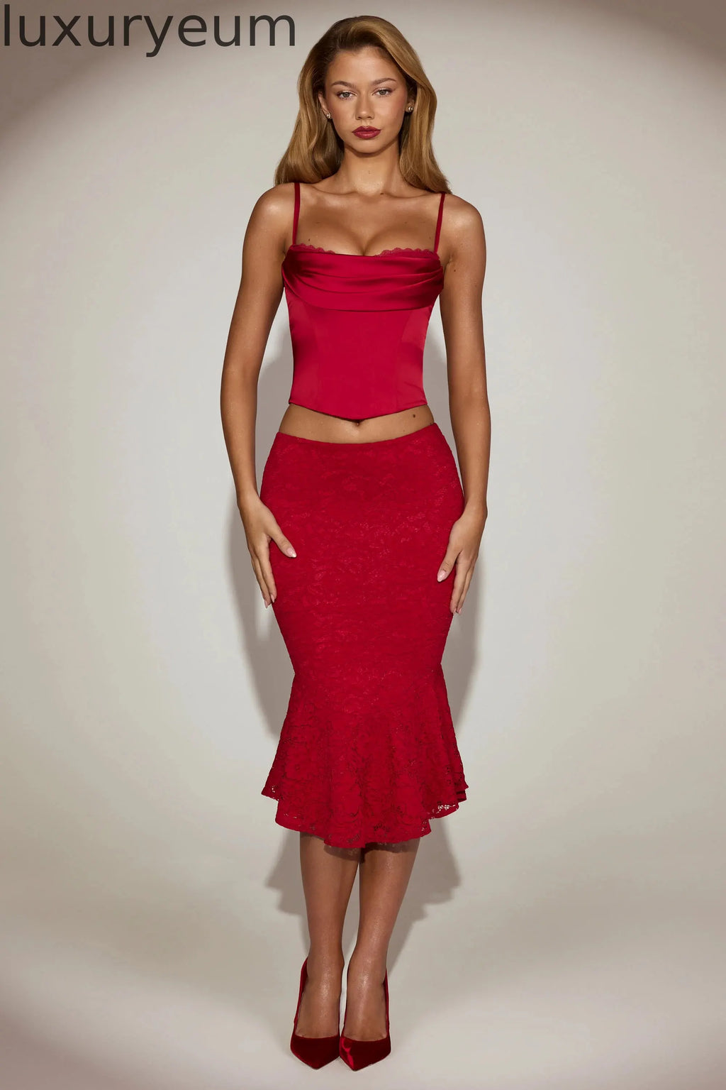 Satin Cowl-Neck Lace-Up Corset Top in True Red