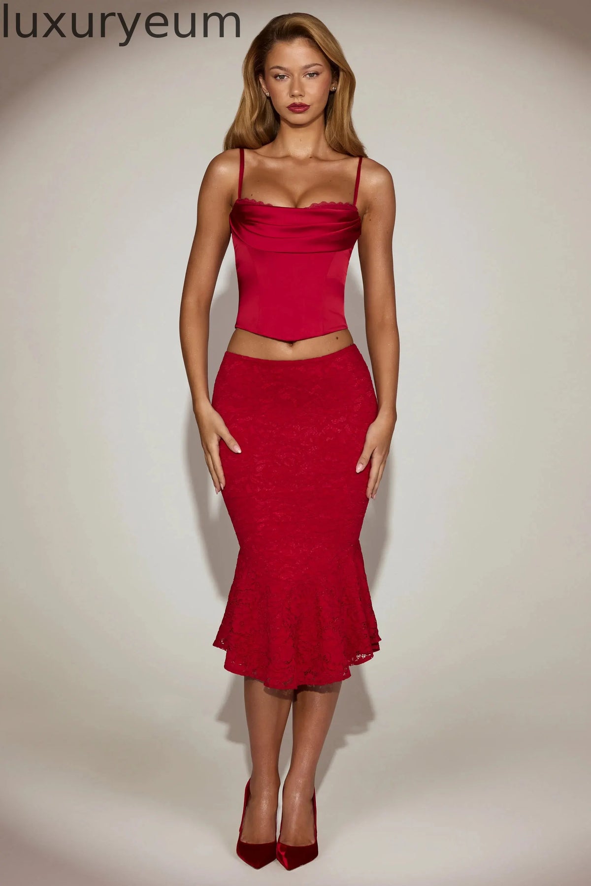 Satin Cowl-Neck Lace-Up Corset Top in True Red