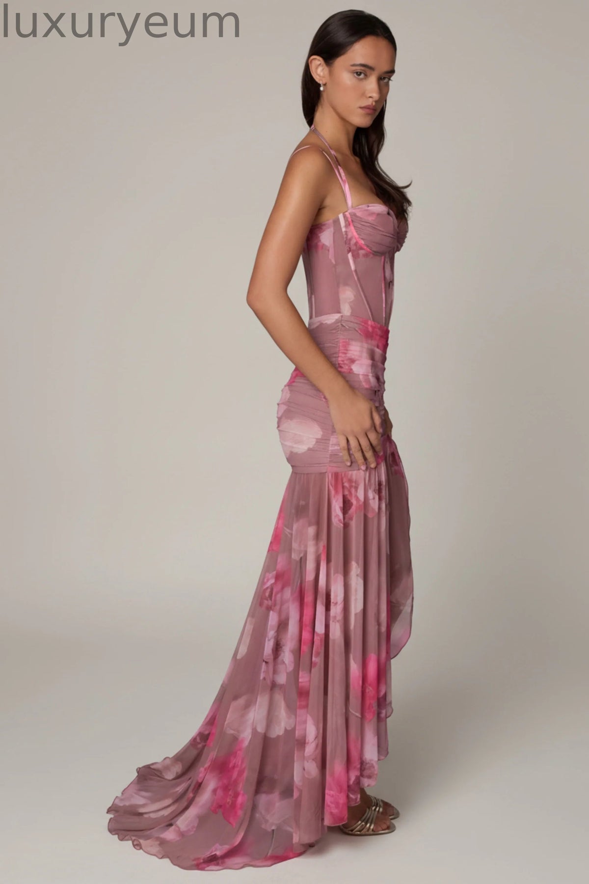 Ruched Asymmetric Corset Gown in Blurred Floral