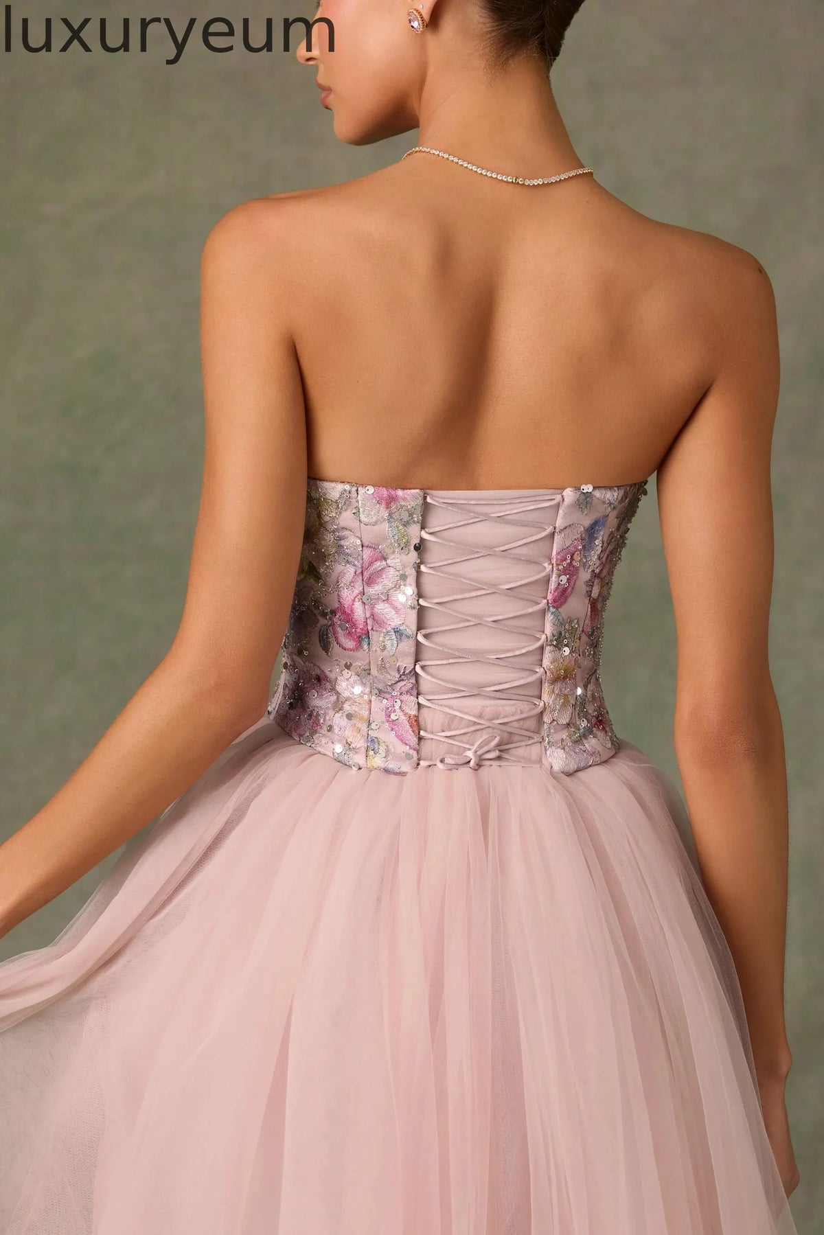 Embellished Lace-Up Cupless Corset in Floral Pink