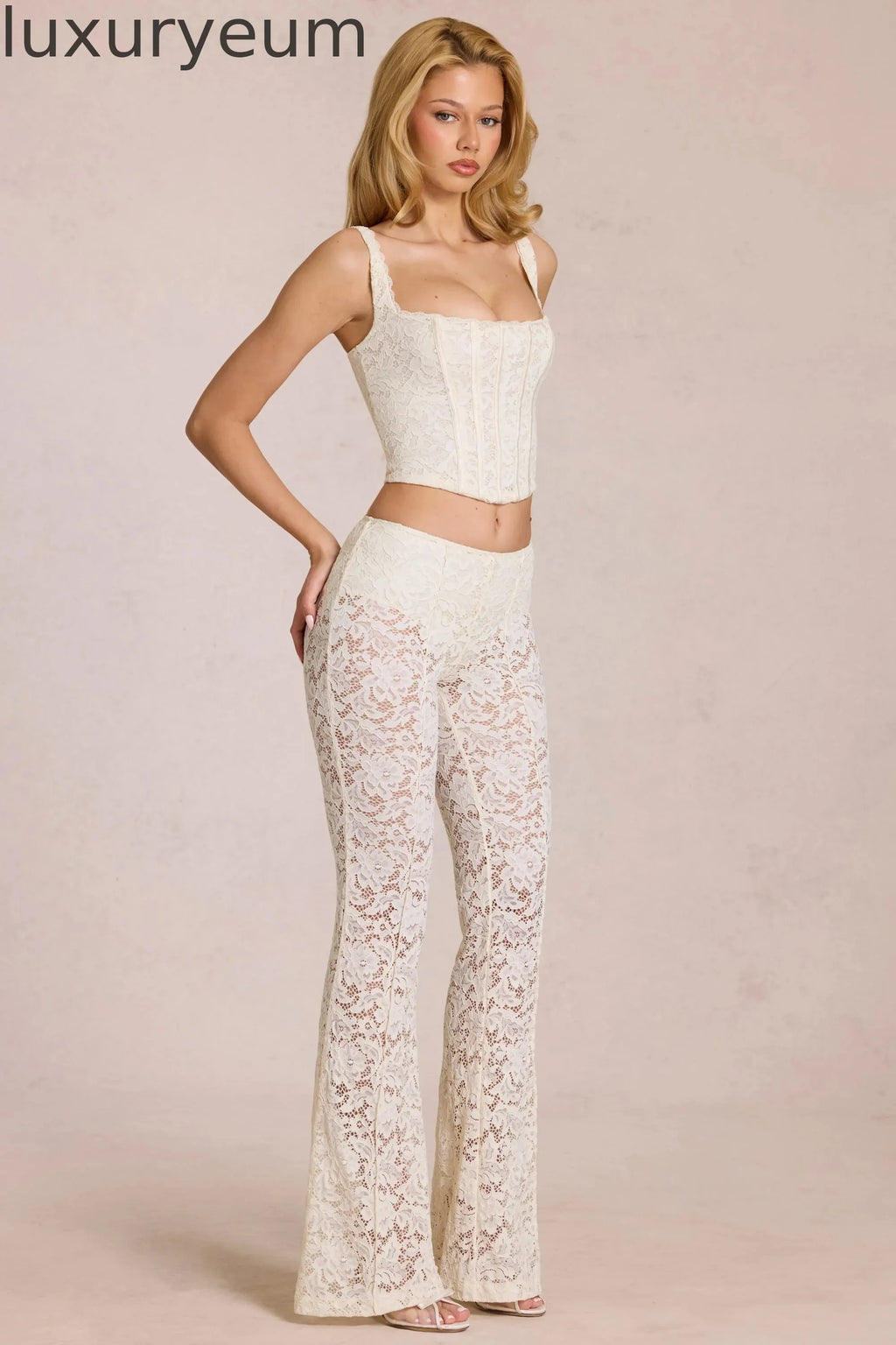 Sheer Lace Mid-Rise Flared Trousers in Pearl