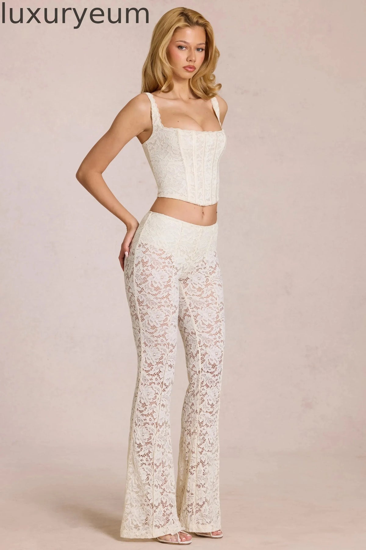 Sheer Lace Mid-Rise Flared Trousers in Pearl
