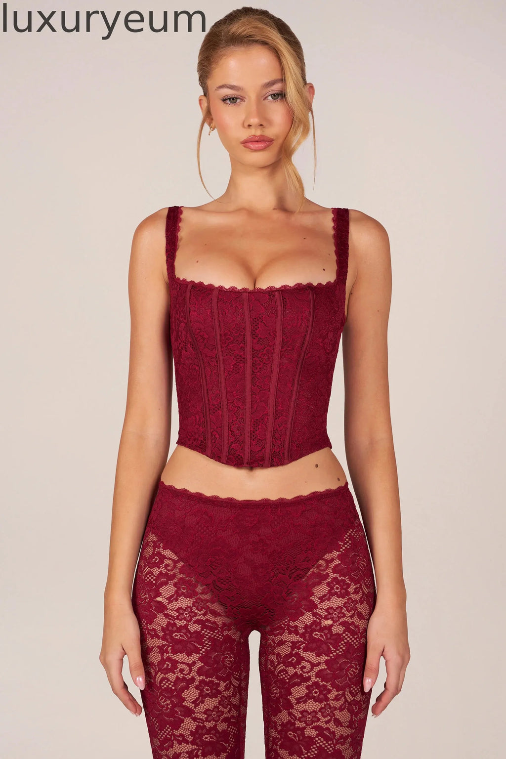 Lace-Up Corset Top in Cherry Red