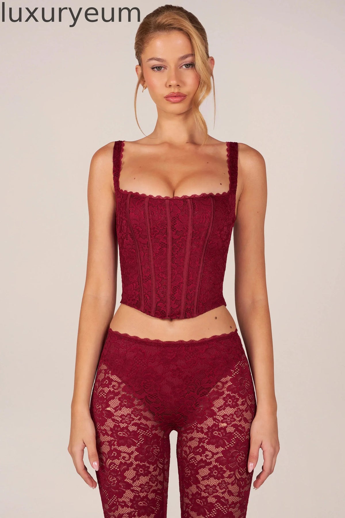 Lace-Up Corset Top in Cherry Red