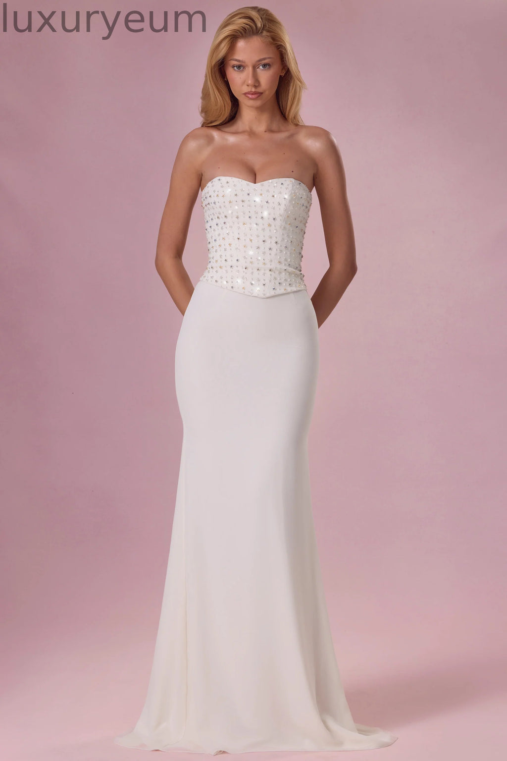 Embellished Corset Strapless Gown in Pearl