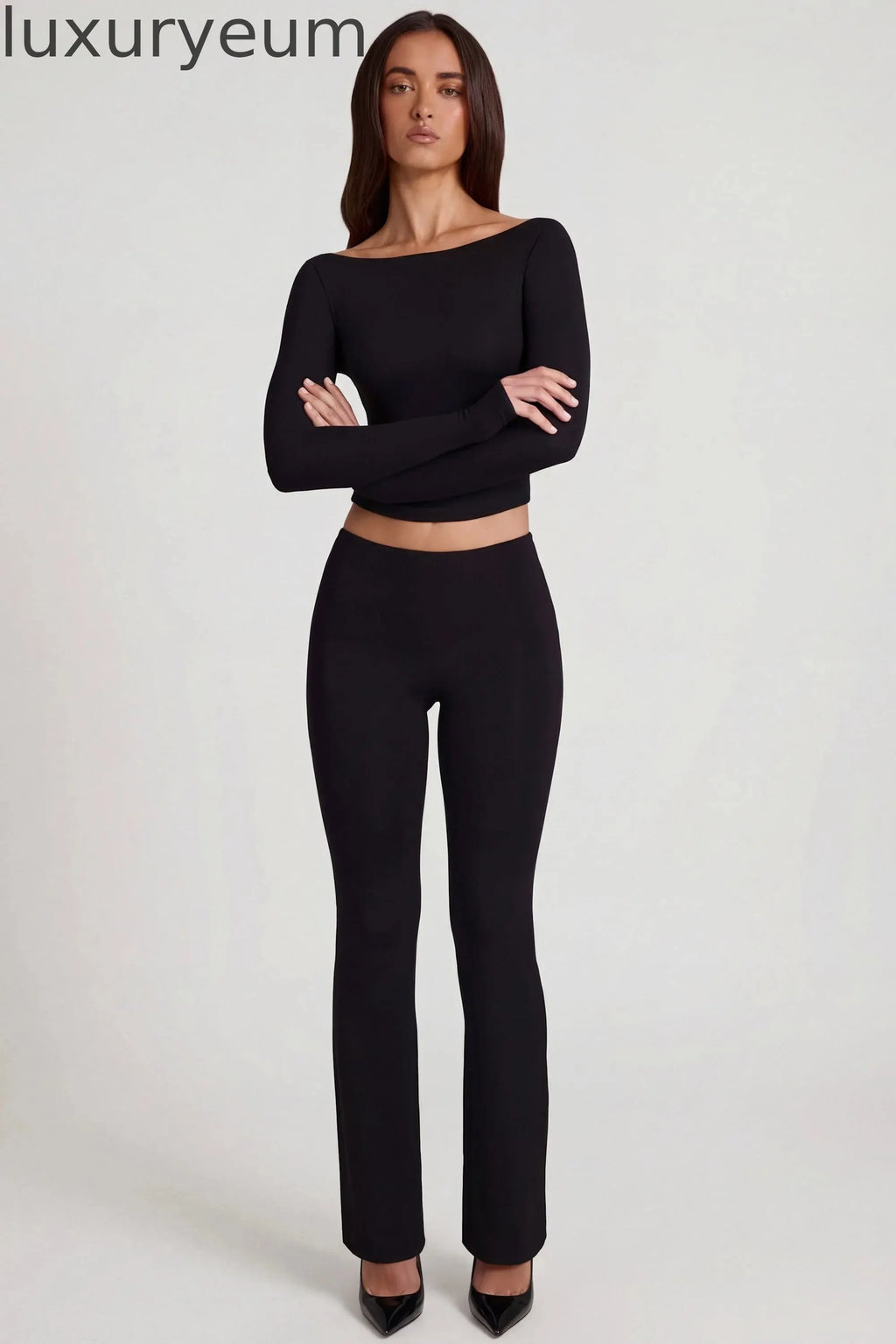 Modal Mid-Rise Flared Trousers in Black