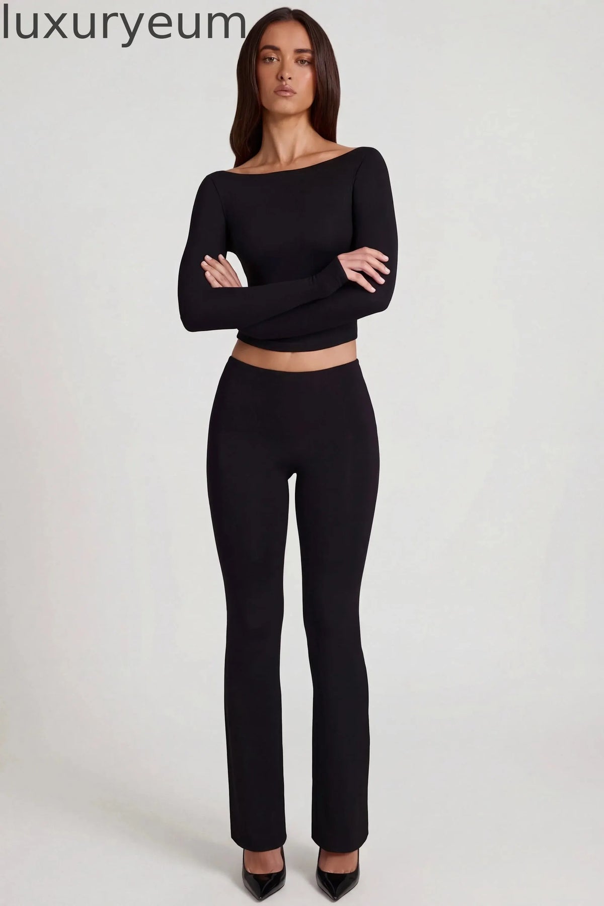 Modal Mid-Rise Flared Trousers in Black