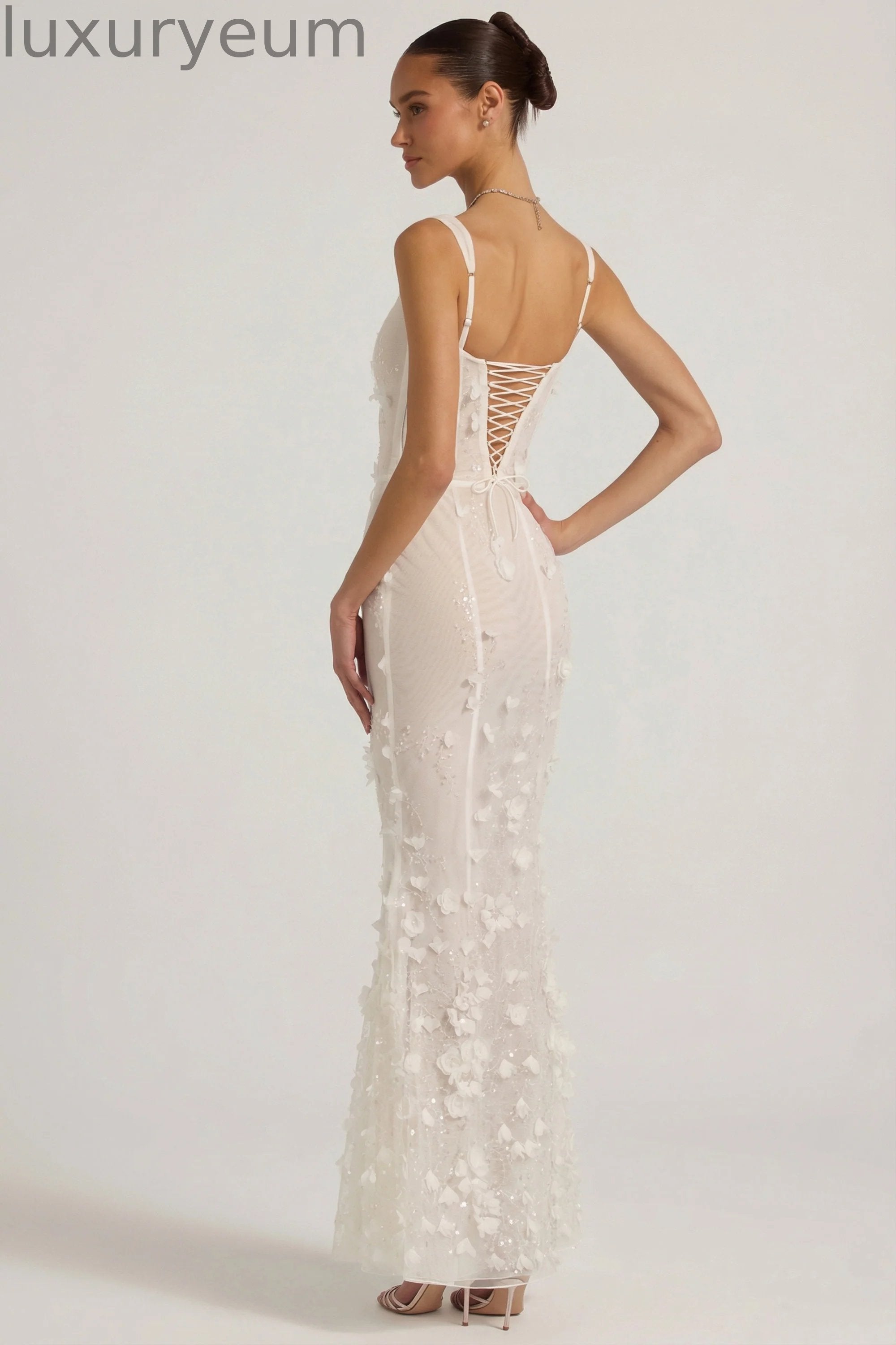 Embellished Appliqué Soft-Scoop Corset Gown in White