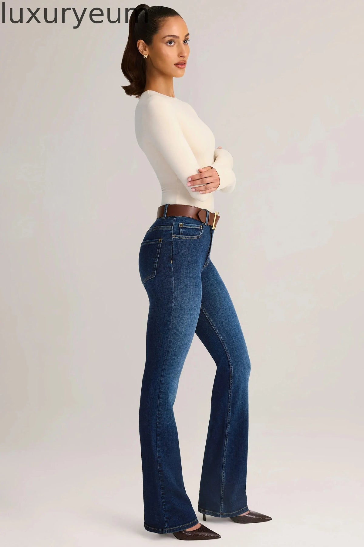 Denim Mid-Rise Flared Jeans in Indigo