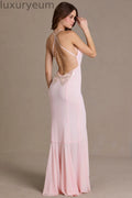 Chiffon Cowl-Neck Open-Back Gown in Baby Pink