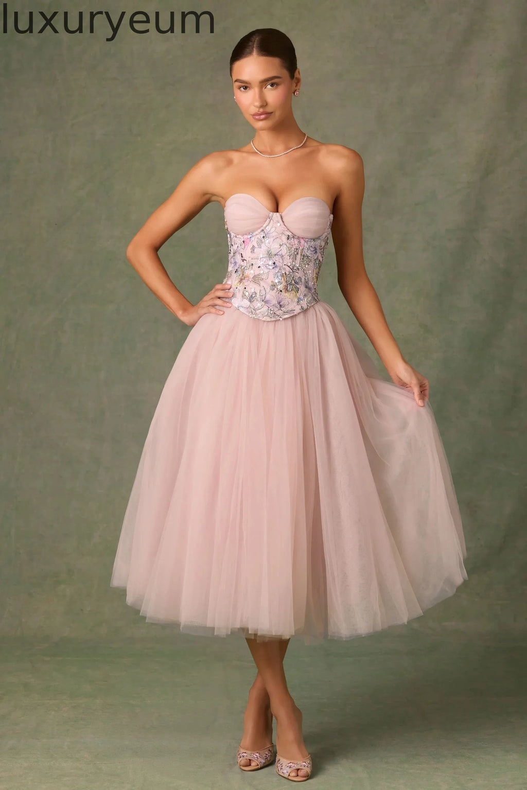 Embellished Lace-Up Cupless Corset in Floral Pink