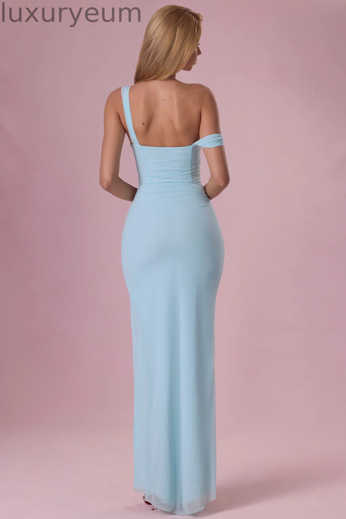 Mesh Draped Corset Gown in Light Blue