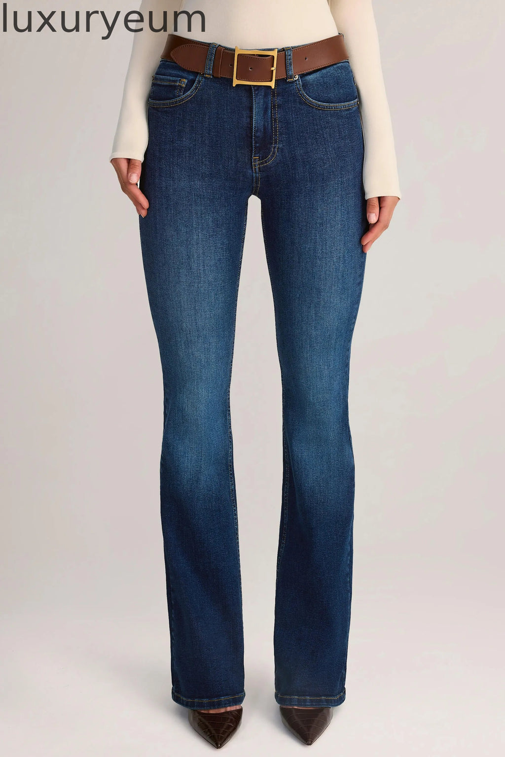 Denim Mid-Rise Flared Jeans in Indigo