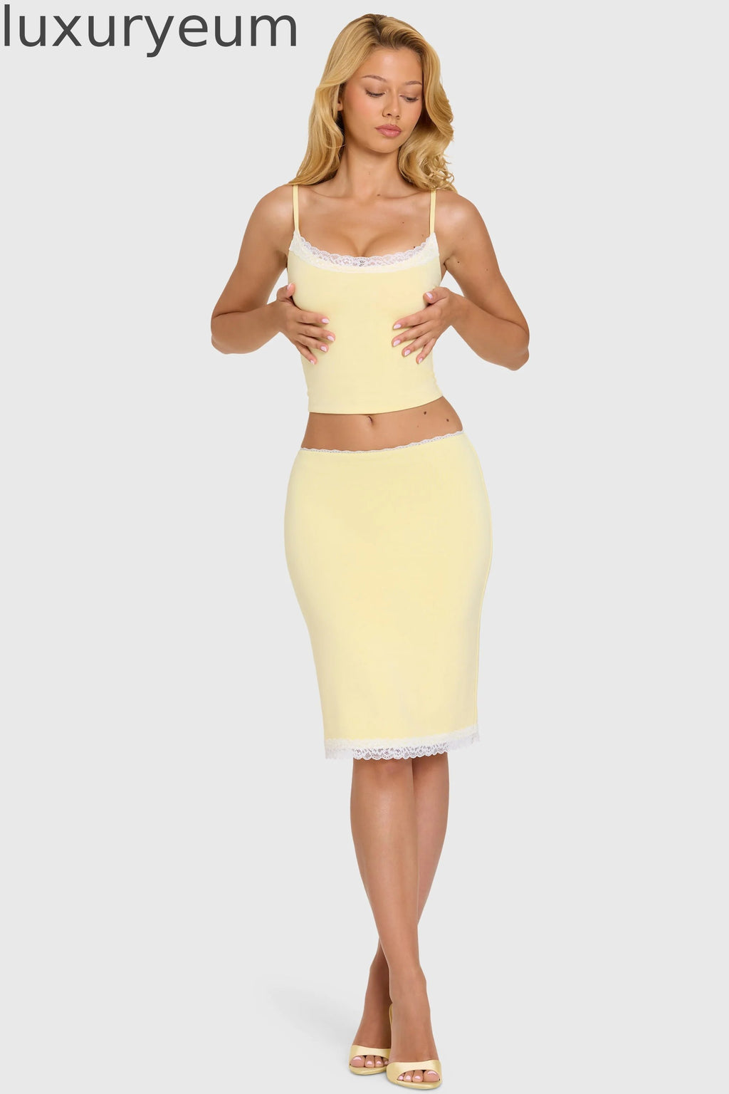 Modal Lace-Trim Midi Skirt in Butter
